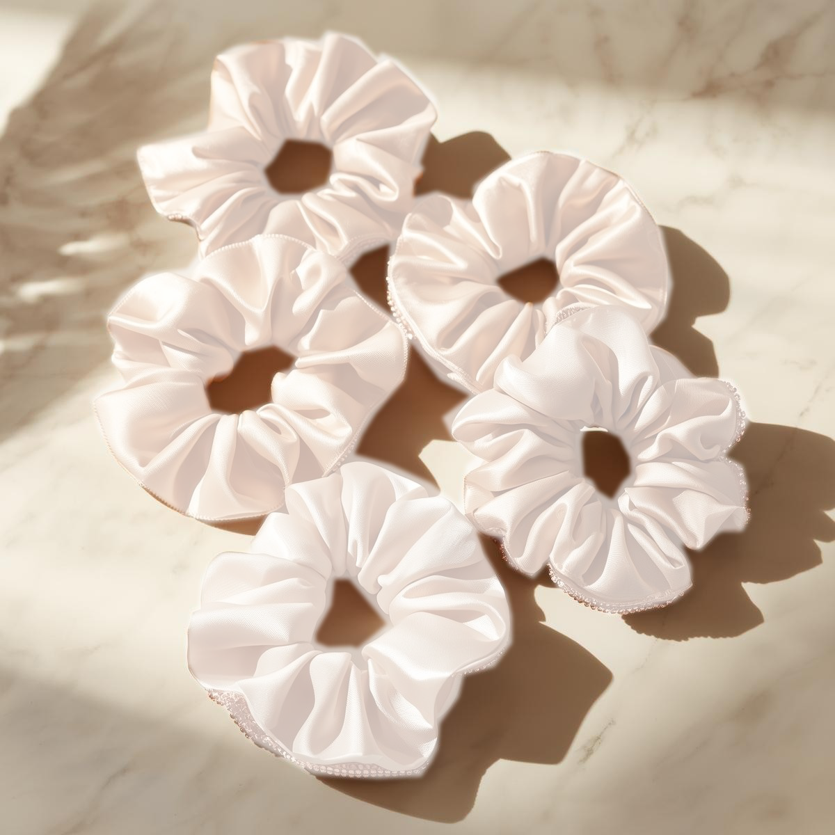 Satijnen scrunchie in rosé, zwart en wit – voorkomt pluis en haarbreuk, ideaal voor krullen en luxe haarverzorging.