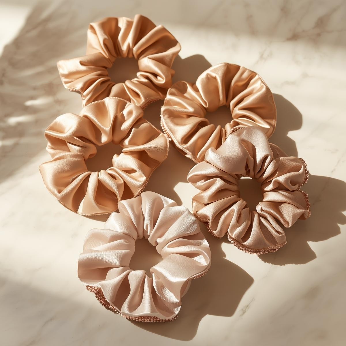 Satijnen scrunchie in rosé, zwart en wit – voorkomt pluis en haarbreuk, ideaal voor krullen en luxe haarverzorging.