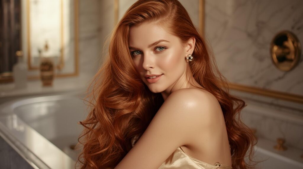 Portret van een persoon met lang ros golvend haar en een lichte huid, gekleed in champagnekleurig satijn, in een luxe badkamer met marmeren details en gouden accenten onder warm zonlicht.